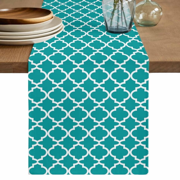 Moroccan Table Runner, Teal Geometric Cotton Linen Kitchen Table Decoration Washable Dining Tabletop Runners for Home Party Decor 18x72 Inches