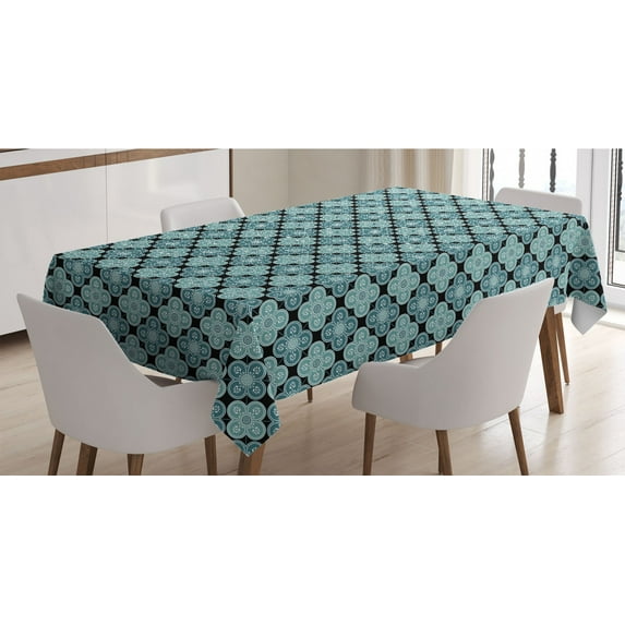 Moroccan Tablecloth, Floral Inspire Mediterranean Oriental Damask Print, Rectangle Satin Table Cover Accent for Dining Room and Kitchen, 52" X 70", Teal Petrol Blue, by Ambesonne