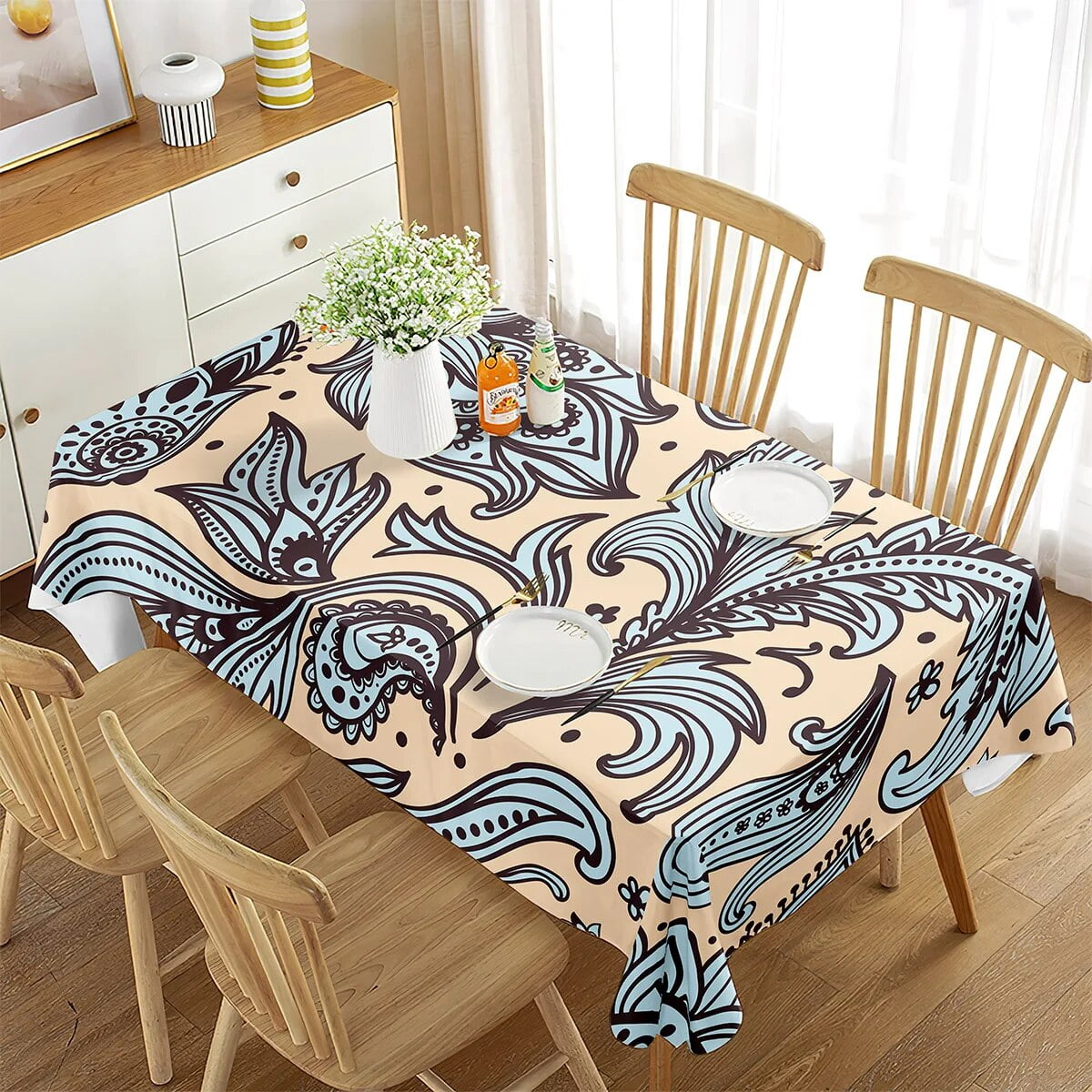 Moroccan Tablecloth Patchwork Style Pattern with Flowers Bohemian