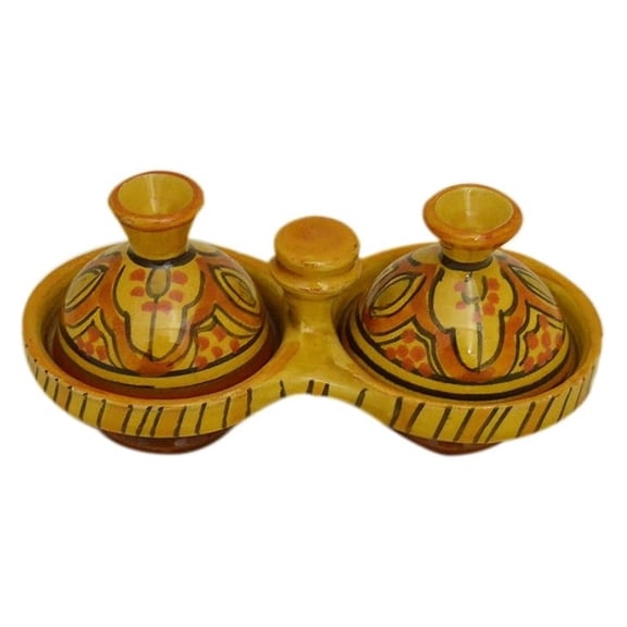 Moroccan Tagine Spice Holder - Handmade Ceramic Salt & Pepper Pot - Yellow Double Spice Jar - Decorative Kitchen Condiment Container - 6.5" Wide