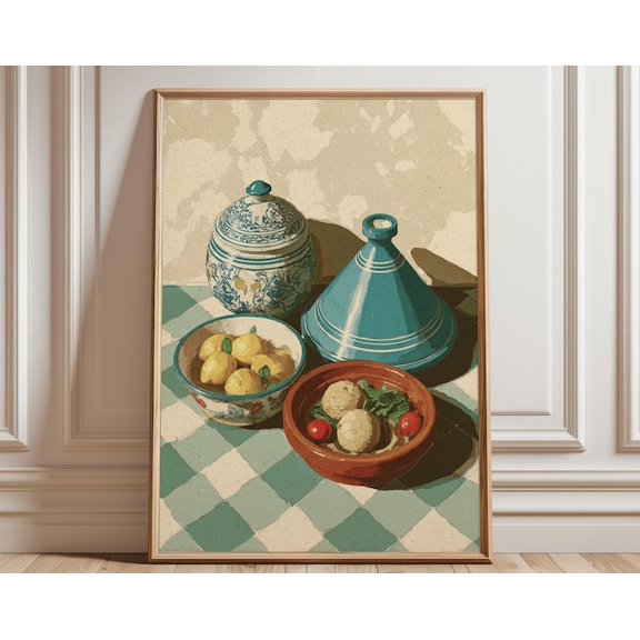 Moroccan Tagine Still Life Blue Kitchen Wall Art Print, Unframed Paper Poster 8x10in