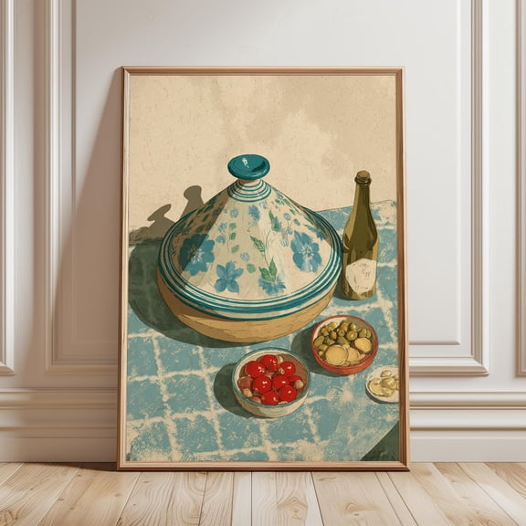 Moroccan Tagine Still Life Wall Art Poster Blue Kitchen Illustration Food Table Scene Minimal Home Decor, Vintage Illustration