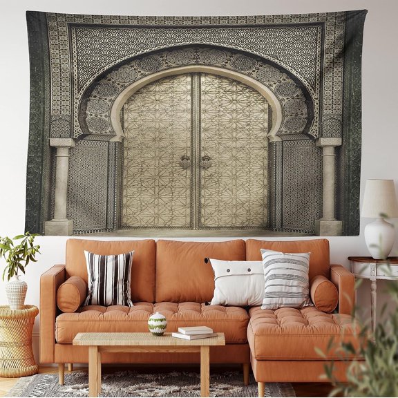 Moroccan Tapestry, Aged Gate Geometric Pattern Doorway Design Entrance Architectural Oriental Style, Wall Hanging for Bedroom Living Room Dorm Decor, 60" X 80", Sepia Black