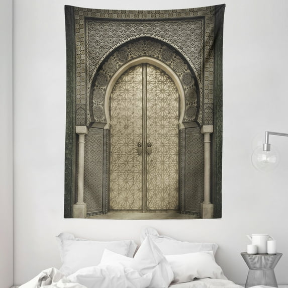 Moroccan Tapestry, Aged Gate Geometric Pattern Doorway Design Entrance Architectural Oriental Style, Wall Hanging for Bedroom Living Room Dorm Decor, 60W X 80L Inches, Sepia Black, by Ambesonne