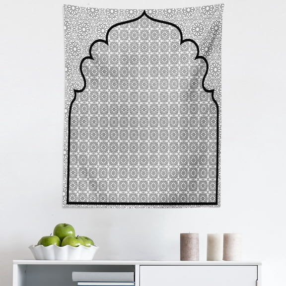 Moroccan Tapestry, Art Background with a Group of Traditional Turkish Ottoman Forms Patterns, Fabric Wall Hanging Decor for Bedroom Living Room Dorm, 5 Sizes, Black White, by Ambesonne