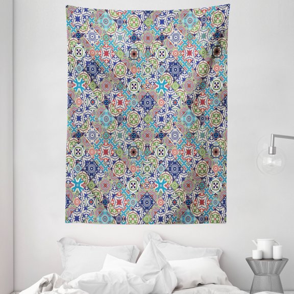 Moroccan Tapestry, Complex Colorful Set of Moroccan Tile Motifs Antique Floral Ornaments Arabesque, Wall Hanging for Bedroom Living Room Dorm Decor, 60W X 80L Inches, Multicolor, by Ambesonne