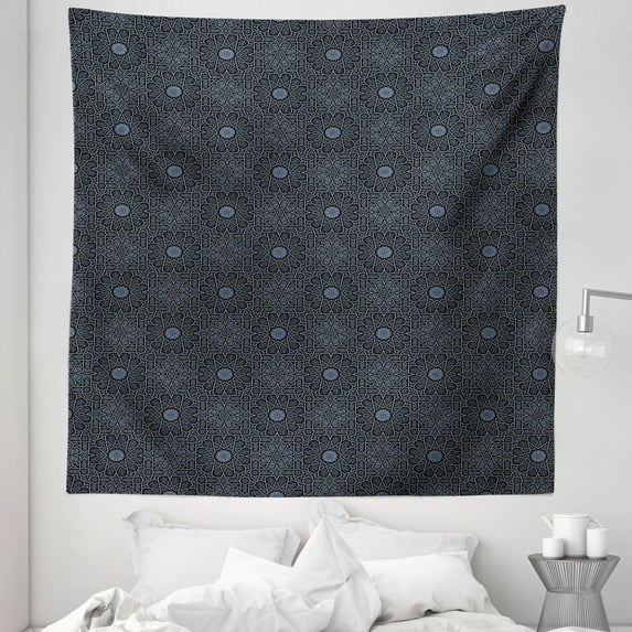 Moroccan Tapestry, Geometric Design with Old Rich Royal Elements and Moroccan Star Dark, Fabric Wall Hanging Decor for Bedroom Living Room Dorm, 5 Sizes, Black Cream Blue, by Ambesonne