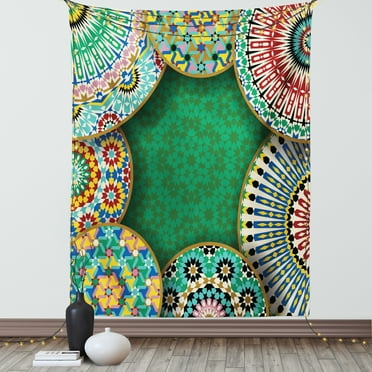 Moroccan Tapestry, Oriental Motif with Mix of Hippie Retro Circle Morocco Mosaic Lines Sacred Design Print, Wall Hanging for Bedroom Living Room Dorm Decor, 60W X 80L Inches, Multi, by Ambesonne