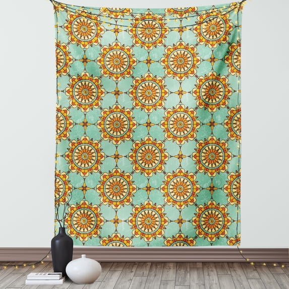 Moroccan Tapestry, Ornamental Abstract Moroccan Motif with Old Fashion Victorian Influences Artwork, Wall Hanging for Bedroom Living Room Dorm Decor, 40W X 60L Inches, Mint Orange, by Ambesonne