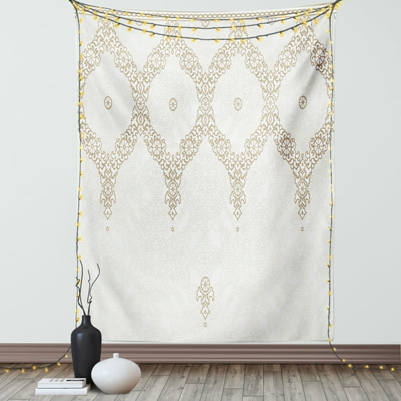 Moroccan Tapestry, Ornate Background with Traditional Soft Color Eastern Elements and Pattern, Wall Hanging for Bedroom Living Room Dorm Decor, 60W X 80L Inches, Umber Camel White, by Ambesonne