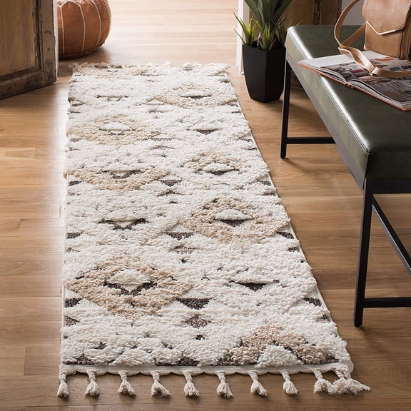 Moroccan Tassel Shag Collection Runner Rug - 2'3" x 8', Ivory & Brown, Non-Shedding & Easy to Clean, Plush High-Low Texture, Ideal for Hallway, Foyer, Entryway, Bedroom (MTS688A)