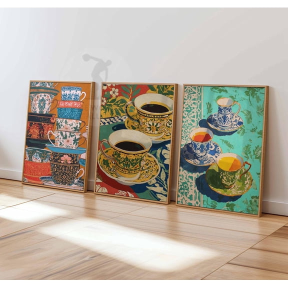 Moroccan Tea Arabic Teapot Colorful Mint Tea Islamic Kitchen Decor Set 3 Stretched Canvas 8x12