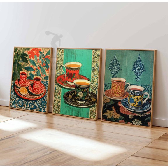 Moroccan Tea Arabic Teapot Colorful Mint Tea Islamic Set 3 Stretched Canvas 16x24