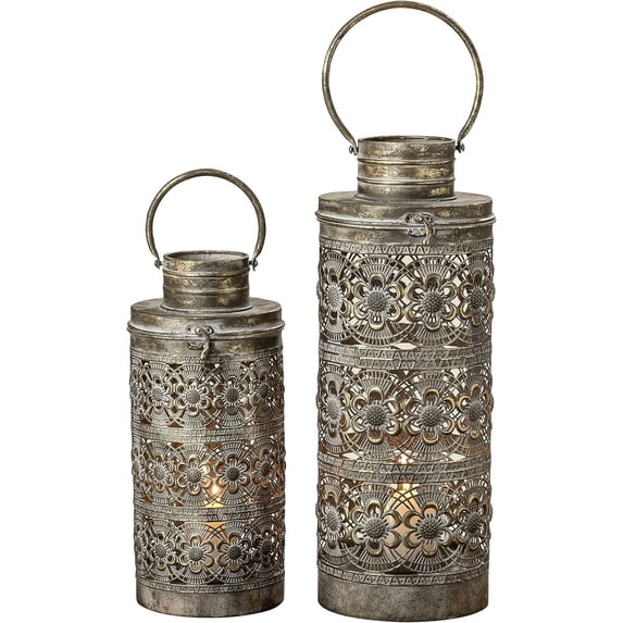 Moroccan Temple Lanterns, Luxury Floor Hurricanes, Set of 2, For LED or Wax Candles, Sealed Iron, Antiqued Patina, Hinged Top, 19 and 15 Inches, the Global Chic Collection