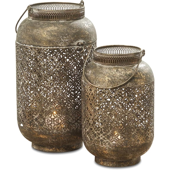 Moroccan Temple Lanterns, Set of 2, Hurricanes, for LED or Wax Candles, Patina Finish Brass Metal, Hinged Top, 17 and 13 inches