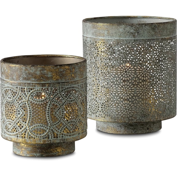 Moroccan Temple Lanterns, Set of 2, Lattice Work, Intricated Perforated Patterns, Grey Patina Over Antique Gold, Metal, 6.25 Inches and 5 Inches