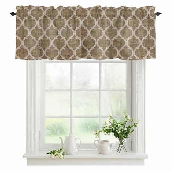 Moroccan Texture Valances for Windows, Rod Pocket Kitchen Valance Curtains - Soft & Washable Small Window Treatment for Living Room, Bathroom, Retro Khaki Linen 42x12inch, 1 Panel