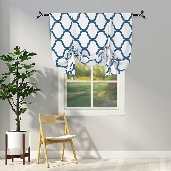 Moroccan Thermal Insulated Tie Up Shade Room Darkening Blackout Rod Pocket Curtain for Small Window, 42 by 63 Inch, Off White/Royal Blue (1 Panel)