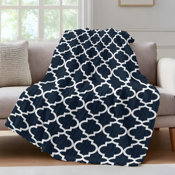 Moroccan Throw Blanket for Couch Navy Blue Geometric Farmhouse Abstract Modern Soft and Warm Flannel 3D Striped Fluffy Fuzzy Fleece Blanket Lightweight Throw for Bed, Sofa 50 x 60 Inches