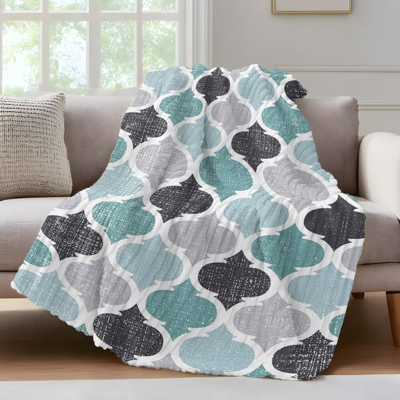 Moroccan Throw Blanket for Couch Teal Geometric Retro Soft and Warm Flannel 3D Striped Fluffy Fuzzy Fleece Blanket Lightweight Throw for Bed, Sofa 50 x 60 Inches