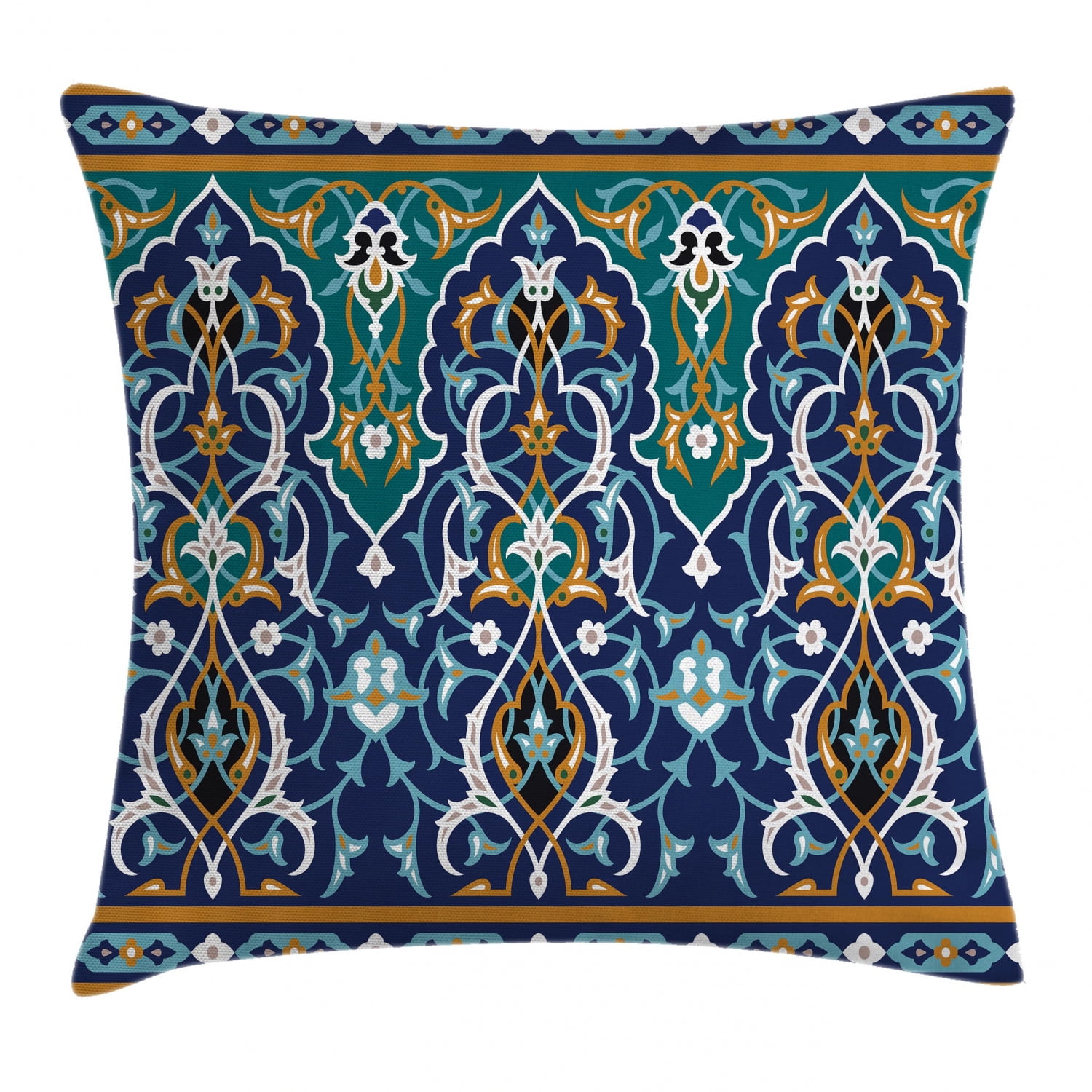 Moroccan Blue and Mustard Polyester Square Throw Pillow