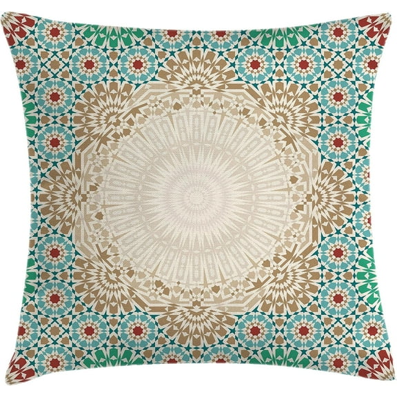 Moroccan Throw Pillow Cushion Cover, Ottoman Mosaic Art Pattern Oriental Floral Forms Antique Scroll Ceramic Boho, Decorative Square Accent Pillow Case, 18" X 18", Cream Turquoise