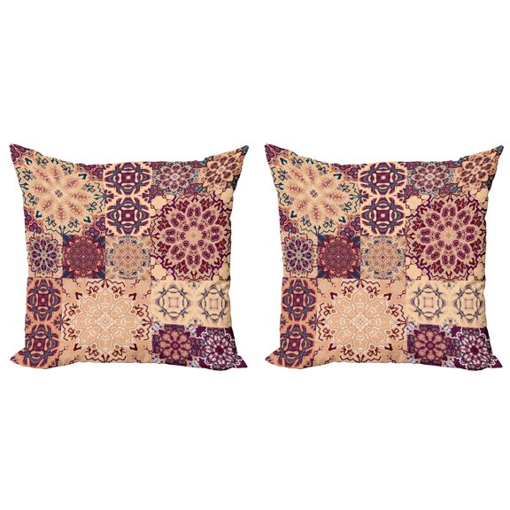 Ambesonne Vintage Throw Pillow Cover 2 Pack, Colorful Retro Floral Tiles, 20", Peach Orange Red