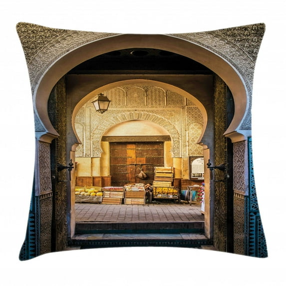 Moroccan Throw Pillow Cushion Cover, Typical Moroccan Door to Old Medina Mediterranean Historical Arch Entrance Photo, Decorative Square Accent Pillow Case, 16 X 16 Inches, Blue Beige, by Ambesonne