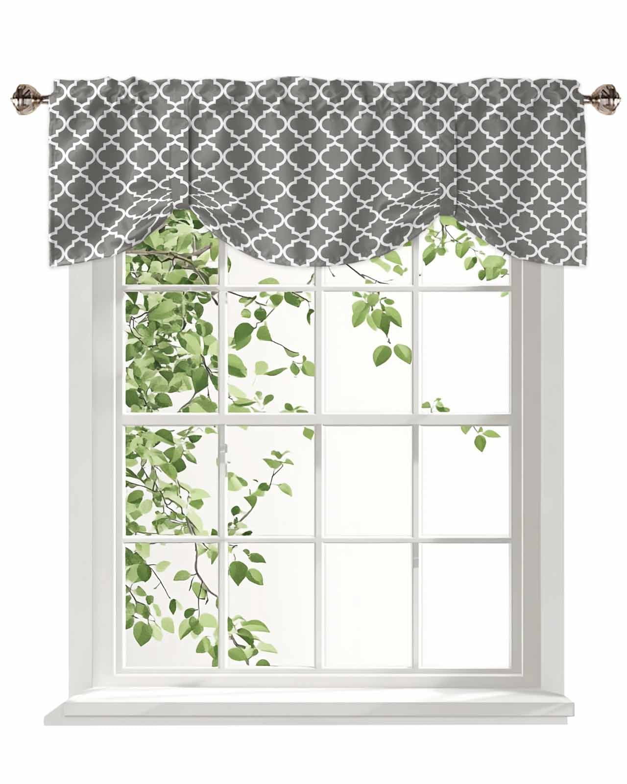 Moroccan Tie Up Valances Curtain, Adjustable Kitchen Grey Geometric Valances for Windows Decor, Rod Pocket Short Curtains Set for Bedroom/Bathroom, 54"x18"