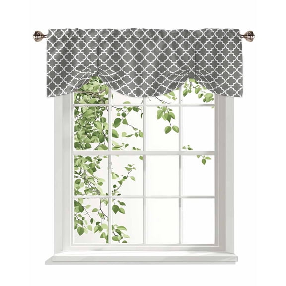 Moroccan Tie Up Valances Curtain, Adjustable Kitchen Grey Geometric Valances for Windows Decor, Rod Pocket Short Curtains Set for Bedroom/Bathroom, 60"x18"