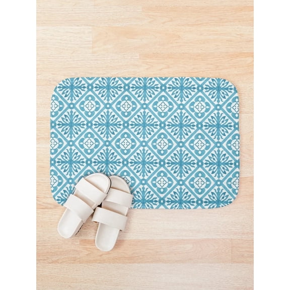 Moroccan Tile Bath Mat, Teal Blue Clover Pattern Bathroom Rug, Rounded Rectangle Floor Mat, 15.7 x 23.6 or 19.7 x 31.5 in