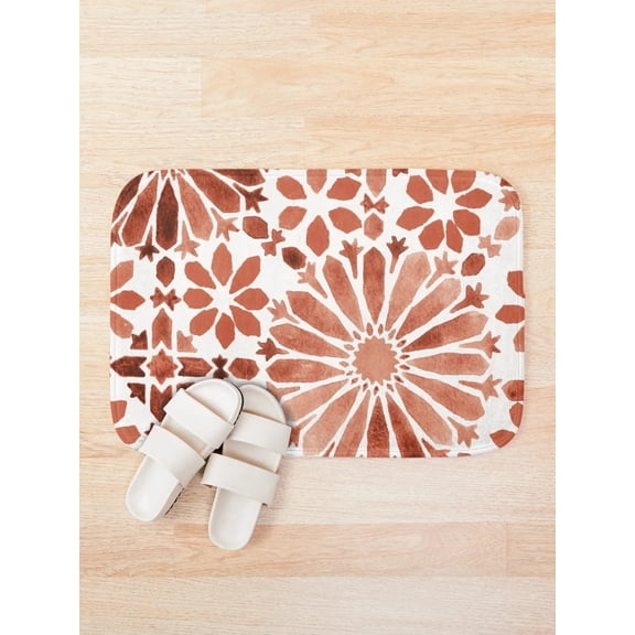 Moroccan Tile Bath Mat, Terracotta Floral Mosaic Bathroom Rug, Rounded Rectangle Floor Mat, 15.7 x 23.6 or 19.7 x 31.5 in