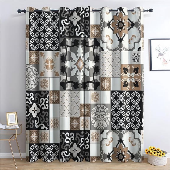 Moroccan Tile Blackout Curtains for Bedroom Living Room, Thermal Insulated Room Darkening Grommet Drapes, Patchwork Window Curtains & Home Decor 26"W x 45"L (Pack of 2)