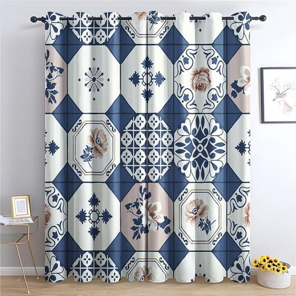 Moroccan Tile Blackout Curtains, Ethnic Floral Patchwork Thermal Insulated Drapes, Room Darkening Grommet Window Treatments For Bedroom Living Room Decor 26"W x 45"L (Pack of 2)