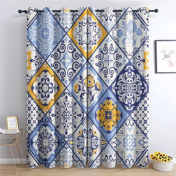 Moroccan Tile Blackout Curtains, Ethnic Floral Patchwork Thermal Insulated Drapes, Room Darkening Grommet Window Treatments For Bedroom Living Room Decor 42"W x 63"L (Pack of 2)