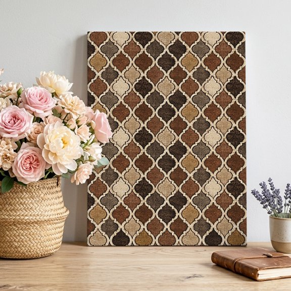 Moroccan Tile Canvas Wall Art for Living Room 14"Lx11"W, Brown Quatrefoil Shape Tile Grid Farmhouse Poster Print Painting for Small Bedroom Mini Dining Area Decoration Wall Pictures Prepare To Hang