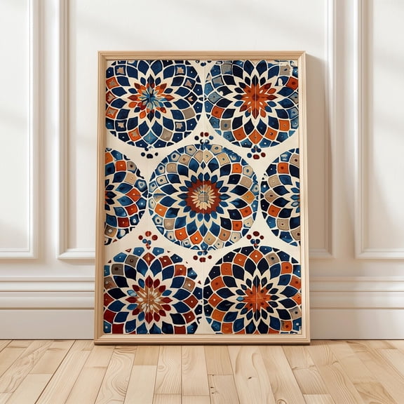 Moroccan Tile Geometric Pattern Boho Blue Orange Islamic Mosaic Ceramic Tile Design Poster Unframed Paper Print