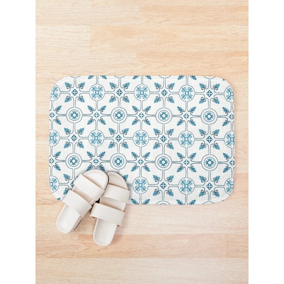 Moroccan Tile Pattern Bath Mat – Blue & White Portuguese-Inspired Design, Non-Slip Bathroom Rug, 2 Sizes Available