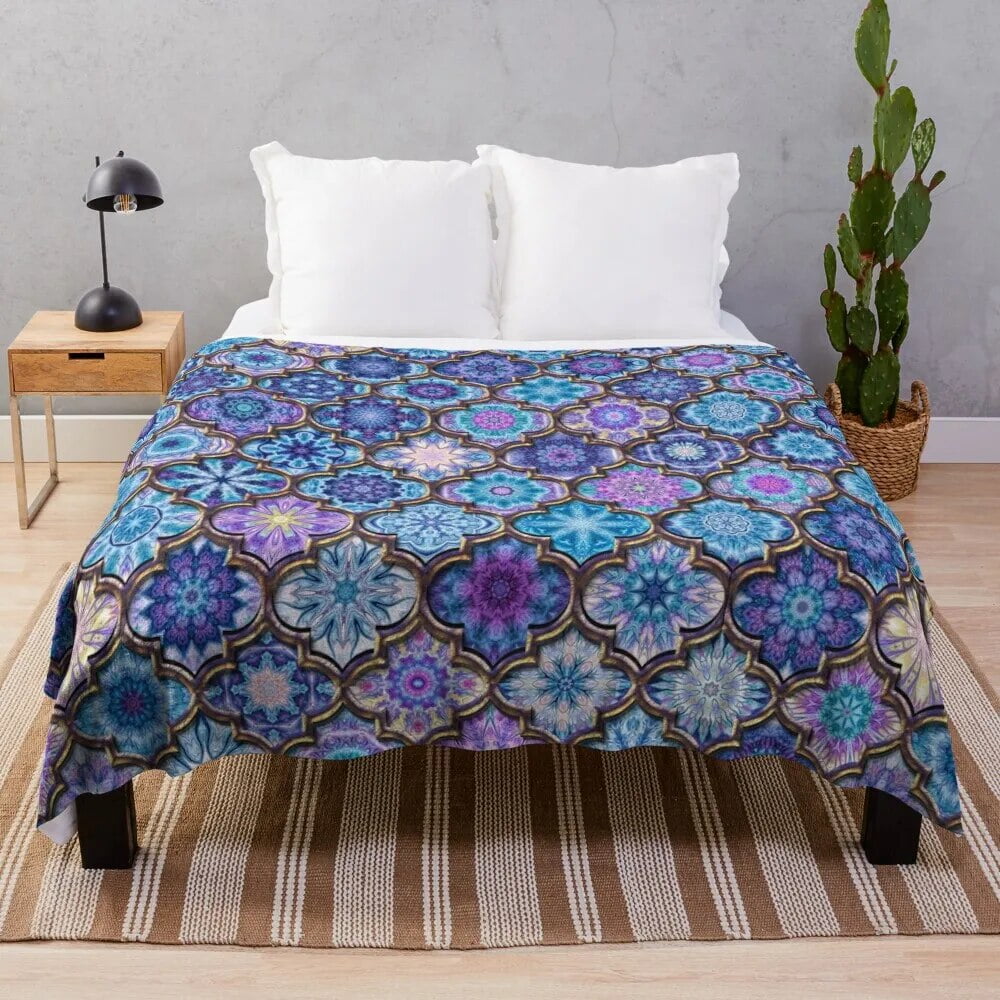 Moroccan Tile Pattern Blue purple Throw Blanket Decorative Sofa Blanket