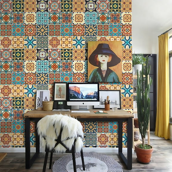 Moroccan Tile Peel and Stick Backsplash,Retro flower tile wall stickers self-adhesive kitchen oil-proof tile stickers,Waterproof Mandala Stick on Wall Tiles