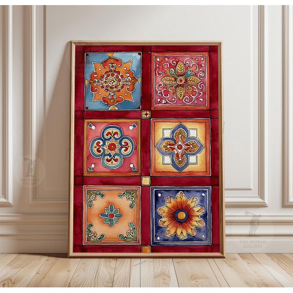 Moroccan Tile Poster Mediterranean Pattern Wall Art Colorful Ceramic Motif Print Boho Geom