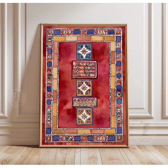 Moroccan Tile Print Red Blue Geometric Floral Pattern Wall Art