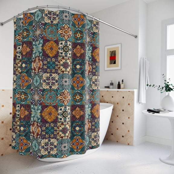 Moroccan Tile Shower Curtain Rustic Bath Decor Vintage Design Home Decor Colorful Spanish Inspired Decor
