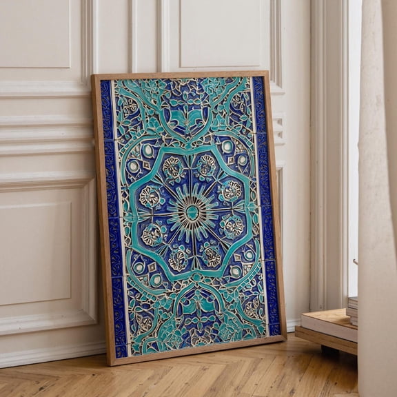 Moroccan Tile Wall Art Blue Mosaic Arch Moorish Architecture Decor Mediterranean Boho Decor, Stretched Canvas
