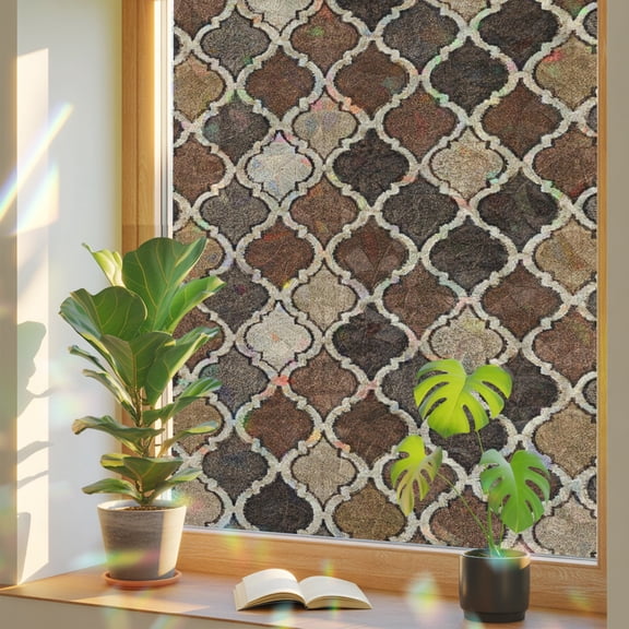 Moroccan Tile Window Privacy Film, Brown Quatrefoil Shape Tile Grid Rustic Farmhouse Static Cling Stained Glass Window Sticker Decorative Removable Rainbow Film for Glass 17.7”x39.3”