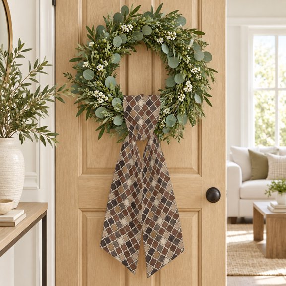Moroccan Tile Wreath Sash, Brown Quatrefoil Shape Tile Grid Rustic Farmhouse Decorative Ribbon Wreath Sash for Front Door, Porch Indoor Holiday Decor