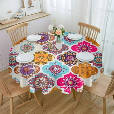 Moroccan Tiles Colorful Arabesque Round Waterproof Tablecloth Home Decorative Table Cover Party Wedding Dining Room Table Cloth