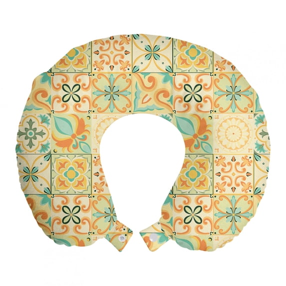 Moroccan Travel Pillow Neck Rest, Pale Italian Style Curly Flowers in Squares Retro Composition, Memory Foam Traveling Accessory Airplane and Car, 12", Turquoise Yellow Green, by Ambesonne