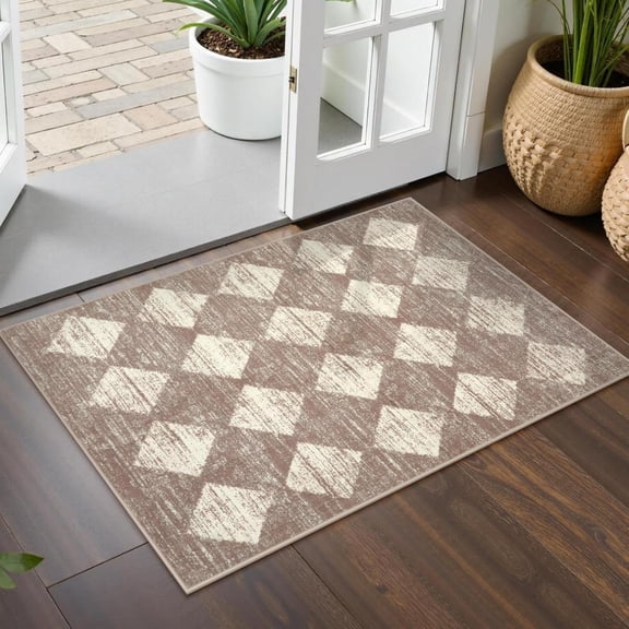 Moroccan Treills Area Rug - 2x3 Small Beige Bathroom Rug Door Rugs for Entryway Indoor, Checkered Washable Non Slip Throw Carpet for Bathroom Powder Room Kitchen Bedroom Front Door