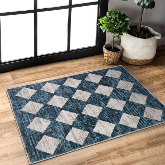 Moroccan Trellis Area Rug - 2x3 Small Indoor Front Door Mat Non Slip Entryway Throw Rug, Checkered Soft Washable Modern Carpet for Kitchen Bathroom Hard Wood Floor Rug, Blue